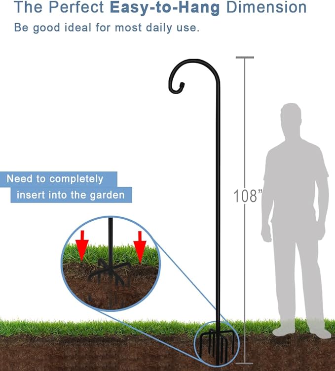 Artigarden 108 inch Outdoor Shepherd Hook with 7 Prong Base (2 Packs), Adjustable Heavy Duty Garden Hanging Stake for Bird Feeder Solar Light Plant Hanger Wedding Decor, Matte Black