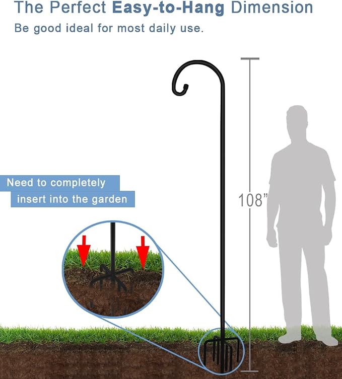 Artigarden 108 inch Outdoor Shepherd Hook with 7 Prong Base (1 Pack), Adjustable Heavy Duty Garden Hanging Stake for Bird Feeder Solar Light Plant Hanger Wedding Decor, Matte Black