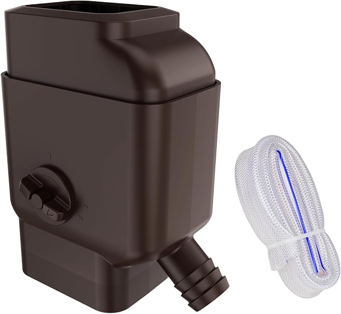 Prestantious Downspout Diverter with Built-in Filter Screen Fits for 2"x3" and 3"x4" Downspout, Rainwater Collection System with Adjustable Valve and 4ft. Hose, Diverts Large Water Flow, Brown