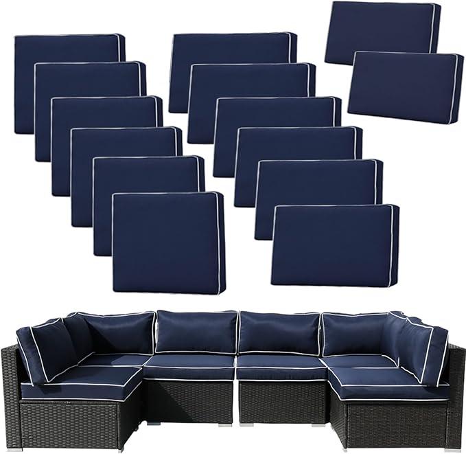 14Pieces Patio Cushion Covers Replacement Outdoor Couch Cushions Covers Splashproof Sofa Slipcovers Set with Zippers,Patio Furniture Protector Cover Only(Blue+White,25×25×3.15 inches)