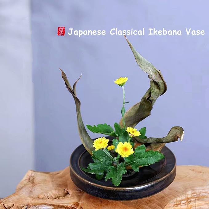 Japanese Classical Ikebana Vase Kit, Minimalist Ceramics Flower Pot Flower Shallow Container with 2.4inch Flower Frog and 2-in-1 Flower Arrangement Kenzan Needle Straightening Tool