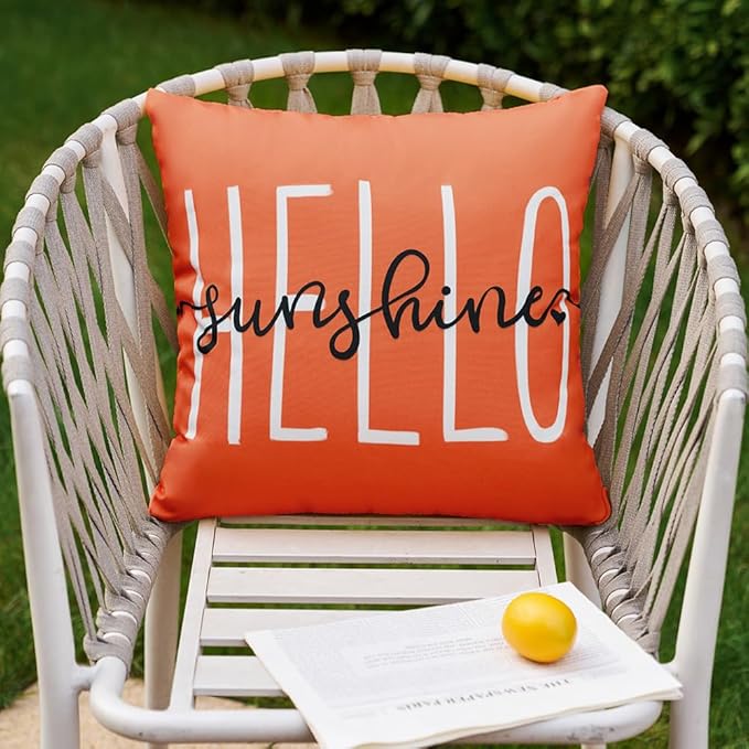 DFXSZ Outdoor Pillow Covers 18x18 Inch Set of 2 Hello Sunshine Decor Dirty Orange Waterproof Summer Outdoor Pillow Covers for Patio Furniture Garden Sofa Couch