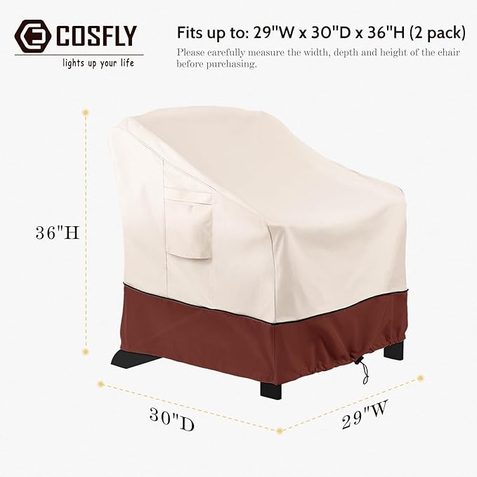 COSFLY Patio Furniture Covers 2 Pack, 600D Waterproof Outdoor Chair Covers for Deep Chairs, All-Weather UV Resistant Protection with Adjustable Straps & Air Vents, Fits up to 29" W x 30" D x 36" H
