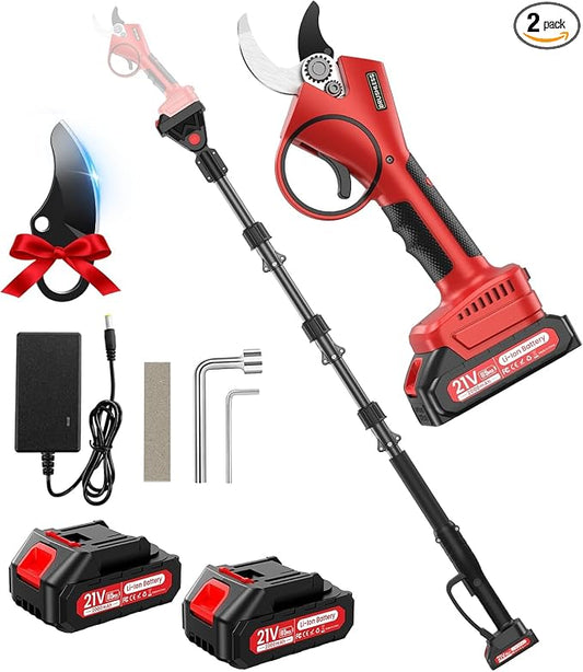 Electric Pruning Shears with Pole, 2-in-1 Cordless Pruning Shears 1.6" with SK7 Blade,8FT Reach,800W Brushless Motor,2 x 21V 2000 mAh Batteries,6–10Hs,Tree Branch Cutter for Gardening Pruning