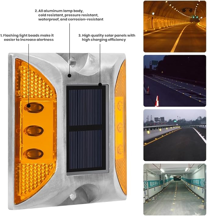 Solar Raised Pavement Marker High Brightness IP68 Waterproof Solar Powered Reflector Road Solar Blinker Light for Anti-diecast Aluminum Protruding Signs Safety Warning 8PCS (Yellow)