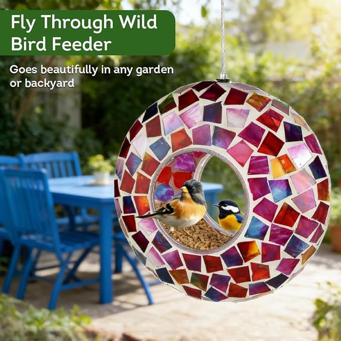 Lily's Home 6 Inches Glass Mosaic Hanging Bird Feeder for Outdoors Fly-Through Large Bird Feeder for Outdoor Garden Decor Backyard, Excellent Gift for Animals Lovers, Purple, Pink and Red