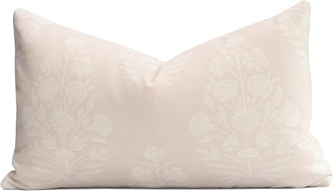 Crumbs Home Modern Farmhouse Fall Linen Indoor Outdoor Lumbar Pillow Cover Only, 12"x20" Water Repellent for Patio, Backyard, Couch, Neutral Beige Floral