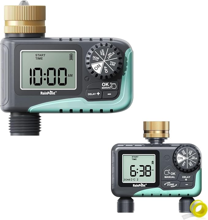 RAINPOINT Sprinkler Timer with Brass Swivel, Rain Delay/Manual Watering/Automatic Irrigation Controller System Hose Timer Programmable Faucet Timer for Yard