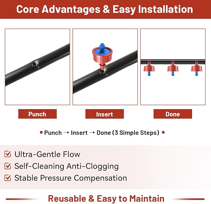 50 PCS 0.5 GPH Pressure Compensating Drip Irrigation Spot Watering Dripper, Gentle Flow Anti-Clog Drip Irrigation Emitters Heads Irrigation Drippers Parts for Indoor Outdoor Small Potted Plants