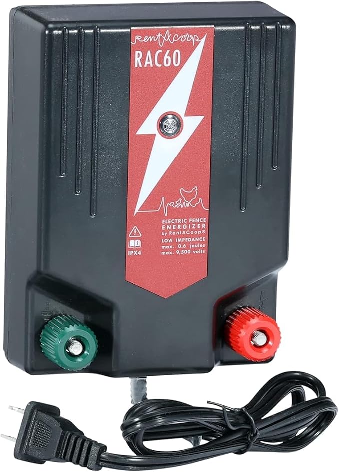 RentACoop Electric Fence Energizer (RAC60-0.6 Joules) - Plug-in Energizer for Electric Fence Netting Systems for Poultry, Chickens, Gardens, Goats, and Other Animals