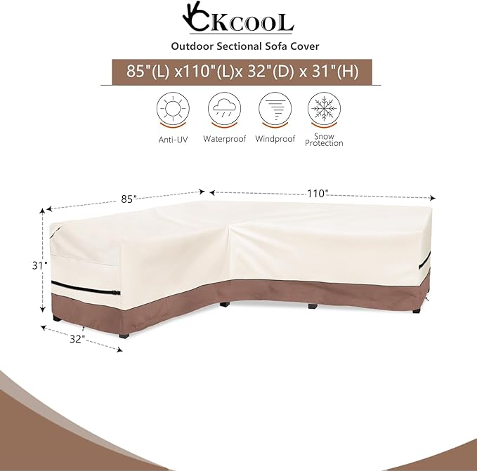 okcool Outdoor Sectional Cover,L-Shaped Patio Furniture Covers for 6-Seater Outdoor Sectional Furniture Couch 85"(110''L) x 32''D x 31''H, Beige & Brown