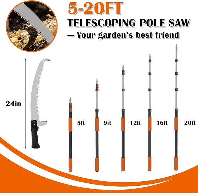 Buyplus 26FT Reach Pole Saws for Tree Trimming, Pole Saw with 5-20FT Telescoping Extension Pole, Pruning Saw with 24" 3X Detachable Saw, Non-Slip Handle, Tree Trimmer for Garden Yard Palms Shrubs