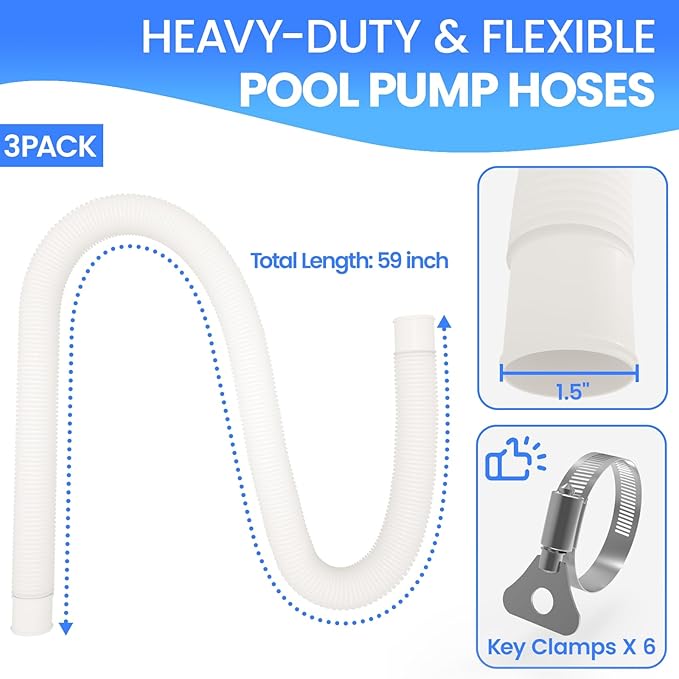 Poolvio 1.5" x 59" Above Ground Pool Hoses, 3-Pack, White- Heavy Duty UV Resistant Leak-Proof Replacement Hoses with 6 Metal Thumb Clamps, Perfectly Fits Intex Filter Pumps & Pool Surface Skimmers