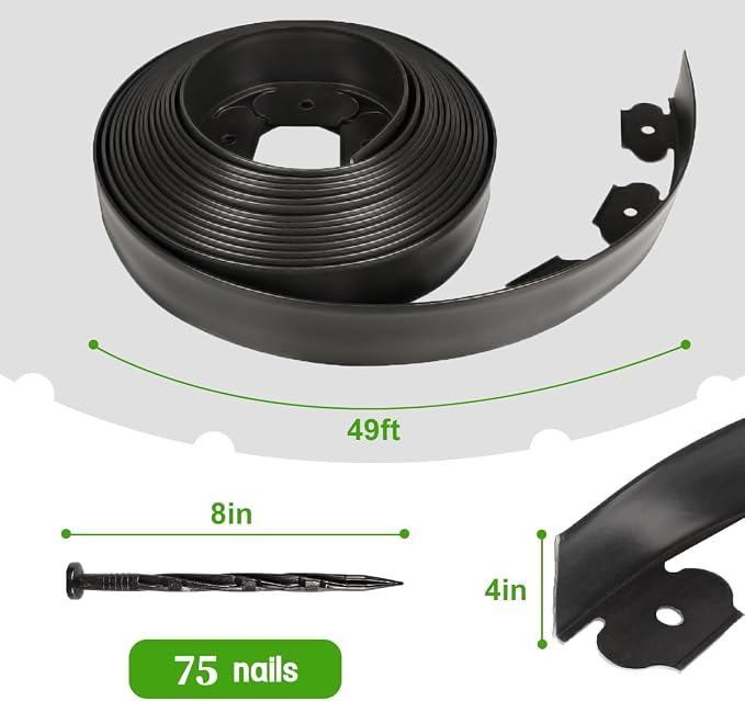 Landscape Edging 49FT, 4IN High Garden Edging Borders,Lawn Edging Kit with 75 Spikes, Plastic Fence Edge DIY for Yard, Tree, Flowerbeds, Landscaping, Grass -Black