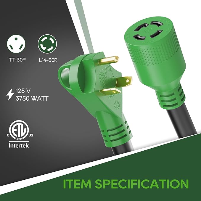 RVGUARD 30 Amp to 30 Amp Generator Adapter Cord 12 Inch STW, TT-30P Standard Male Plug to L14-30R Locking Female, Green