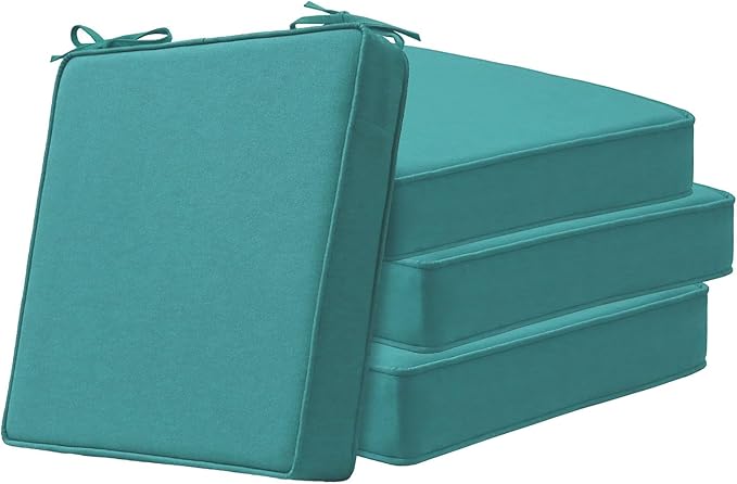 Unimatta Square Corner Seat Cushions, 19" x 19" x 3", Set of 4, Indoor Outdoor Water Repellent Universal Chair Pads with Ties for Patio Furniture, Garden Deck Dining Chairs, Turquoise