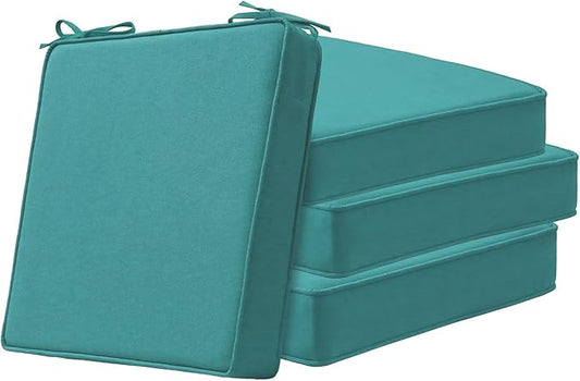 Unimatta Square Corner Seat Cushions, 19" x 19" x 3", Set of 4, Indoor Outdoor Water Repellent Universal Chair Pads with Ties for Patio Furniture, Garden Deck Dining Chairs, Turquoise