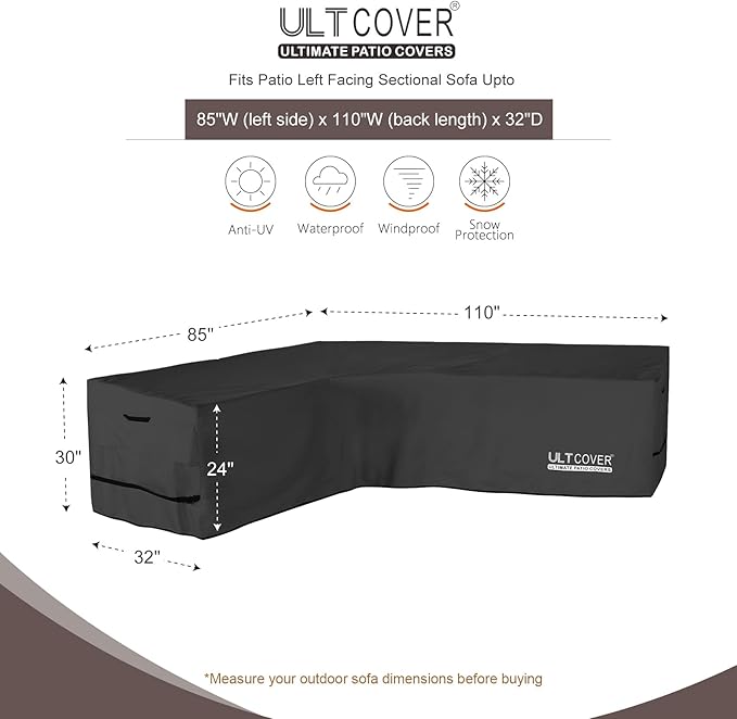 ULTCOVER Patio L-Shaped Left Facing Sofa Cover Waterproof for 6-Seater Outdoor Sectional Furniture Couch 85”W (Left Side) x 110”W (Back Length), Black