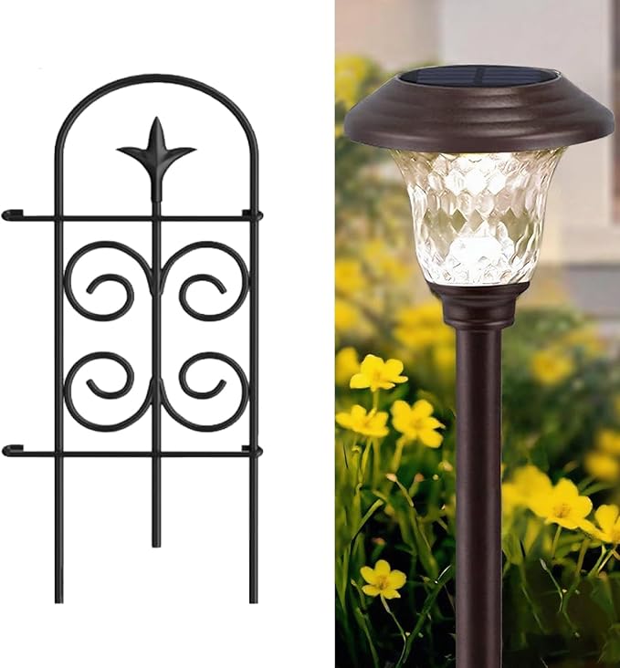 8 Panels 24in(H)×10ft(L) Garden Fences+8 Pack Solar Pathway Lights