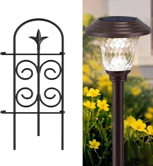 8 Panels 24in(H)×10ft(L) Garden Fences+8 Pack Solar Pathway Lights
