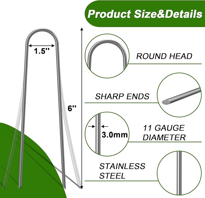 AAGUT 6 Inch Landscape Stakes 150 Pack Garden Drip Irrigation Tubing Stakes Heavy Duty 11 Gauge Galvanized Ground Staples Lawn U Hooks for Soaker Hose, Chicken Wire, Chain Link Fence, Dog Fence
