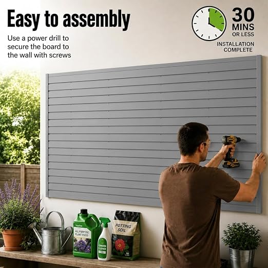 SMARTSTANDARD Slatwall Panel 4x8 FT, Garden Wall Organizer with 31 Garden Tool Hooks & Baskets,Heavy Duty PVC Slat Wall Panels for Gardening, Easy to Install & DIY Cutting (Gray)