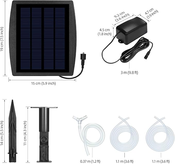 Solar Air Pump for Fish Pond, 10 + 10 ft Extension Cable, 20 Hours Output,3 Modes, Hoses and Bubble Stone, Solar Powered Oxygenator Aerator Bubbler for Small koi Pond