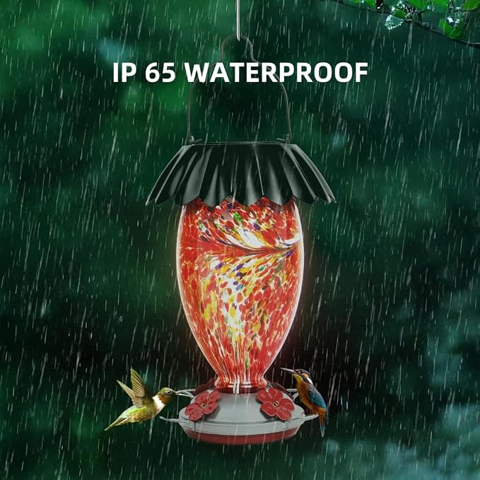 Solar Hummingbird Feeder for Outdoors Hanging Colorful Lighting 32 Oz Hand Blown Glass Hummingbird Feeder for Garden Decoration with Accessories (Red)