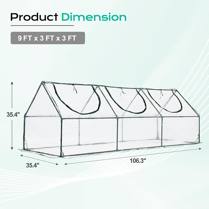 BPS 9x3x3 ft Mini Greenhouse with Transparent PVC Cover UV-Protected Roll-Up Zipper Doors, Ideal for Indoor or Outdoor Use on Raised Garden Beds