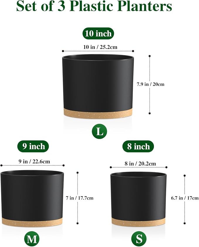Plant Pots, 10/9/8 Inch 3 Pack Cylindrical Flower Pots with Drainage Holes and Saucers, Plastic Planters for Outdoor Indoor Plants,Black Brown