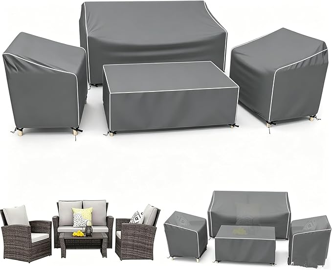 STARTWO Outdoor Waterproof Patio Furniture Covers 4-Piece Set for Patio Chairs, Loveseat and Coffee Table (Grey+White Seams, Large)