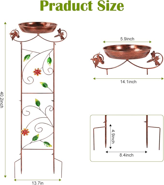 2 Pack Bird Bath for Outside Garden Trellis for Climbing Plants with Hummingbird Decor Small Garden Plant Support Bird Baths Feeder Bowl for Garden Decor Patio Lawn
