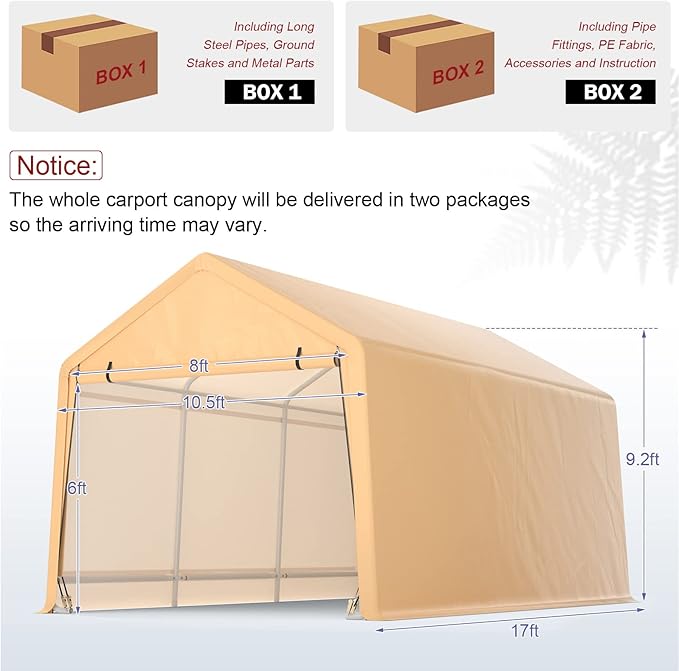 Tangkula 10.5x17 Ft Heavy Duty Carport, Portable Garage with Roll-up Front Door, Metal Car Port with Reinforced Ratchet Straps, Outdoor Car Canopy for Auto, Truck, Boat, SUV