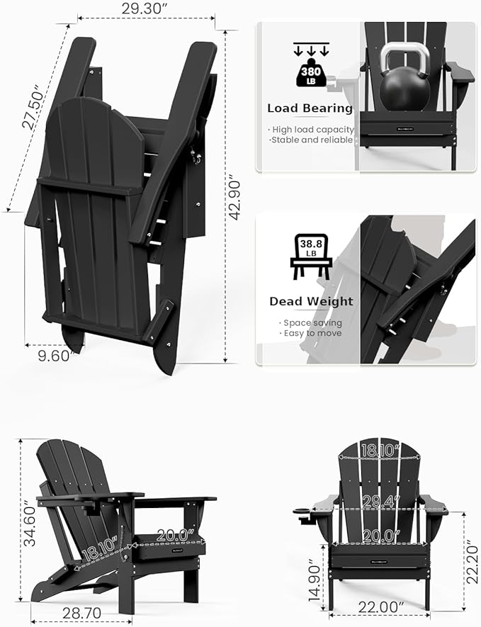 MUCHENGHY Folding Adirondack Chairs Set of 4, Hdpe Fire Pit Chairs, Outdoor Chairs, Plastic Adirondack Chairs, Lawn Chairs Weather Resistant with Cup Holder for Deck, Backyard, Garden(Black)