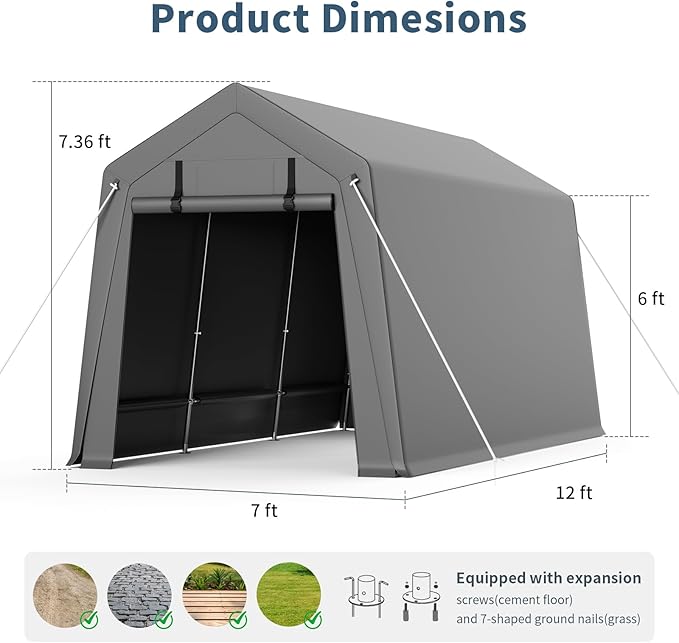7'×10' Heavy Duty Portable Storage Shed Tent - Outdoor Shelter with Roll-Up Door, Waterproof Bike/ATV/Motorcycle Garage, All-Weather Shelter Tent