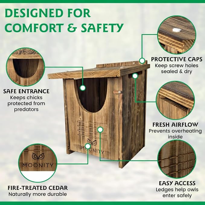 MOONITY Large Fire-Treated Cedar Owl House – 16" x 12" x 12" All-Season Nesting Box for Barn & Screech – Durable, Weatherproof & Easy to Install