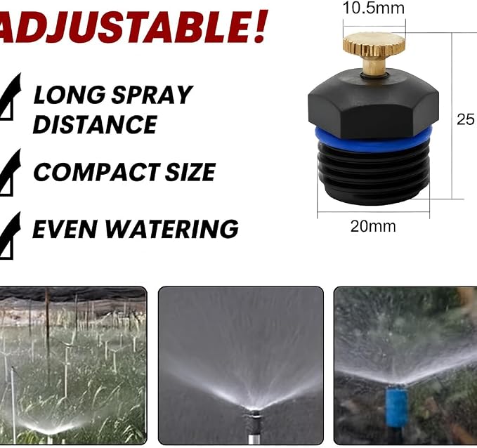 1/2 Inch Adjustable 360° Brass & Plastic Atomizing Sprinkler Nozzles (2-Pack) — High-Pressure Irrigation Heads with 3–6M Spray Radius for Garden, Lawn & Agriculture