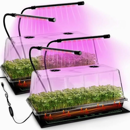 2-Pack 1020 Trays with 7.3'' Domes & Heat Mats & Grow Lights – Heavy-Duty 1020 Seed Starter Kits, Seedling Trays with Humidity Domes & Waterproof Heating Mats & LED Lights for Germination Propagation