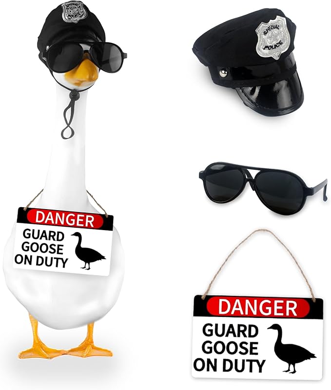 CAMDUCK 3 Pcs Porch Goose Accessories Porch Goose Sign Goose Police Hat Eyeglasses Wooden Gooses Warning Sign Danger Guard Goose on Duty Warning Sign Goose Outfits Decor for Yard Porch Lawn