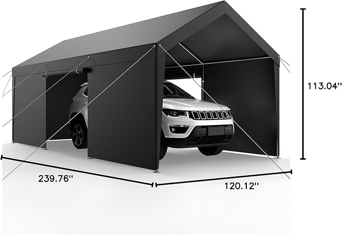 VEVOR Upgraded 10x20 FT Heavy Duty Carport Canopy with Roll-up Windows, All-Season Portable Garage with Removable Sidewalls & Doors, 12 Stakes & 12 Ropes, Car Tent for Car, Truck, Boat, Equipment