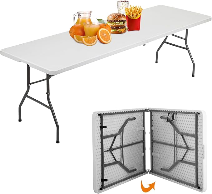 BestOffice Camping Folding 8 Foot Plastic Table, White