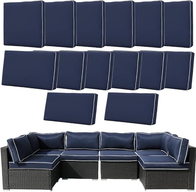 14Pcs Outdoor Cushion Covers Replacement Washable w/Zipper for 6-Seaters Sofa Patio Slipcovers Set Seat and Back Covers Only-25.6x25.6x3.9inch