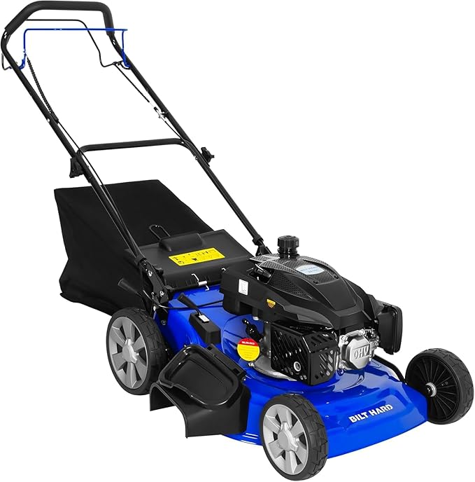 BILT HARD 21" Self Propelled Gas Lawn Mower – Powered by a 201cc 4-Cycle OHV Engine, 3-in-1 Functions (Bagging, Mulching & Side Discharge), 8-Position Cutting Height Adjustment, and Easy Start.