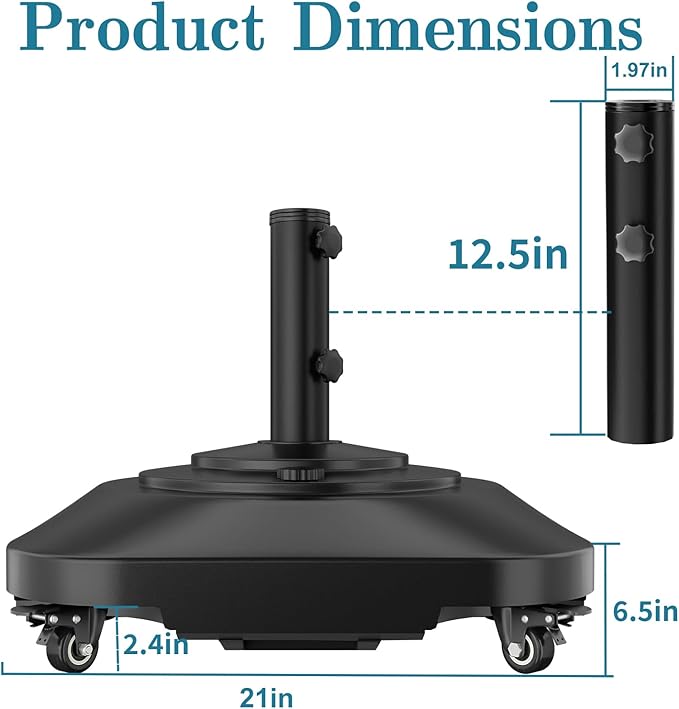 Umbrella Base,Heavy Duty Patio Umbrella Stand with 5 Wheels, Max 145lb Fillable Umbrella Holder Wind-Resistant, Mobile Square Market Stand for Outdoor, Deck, Lawn, Fits Most Sized Umbrellas (21 in)
