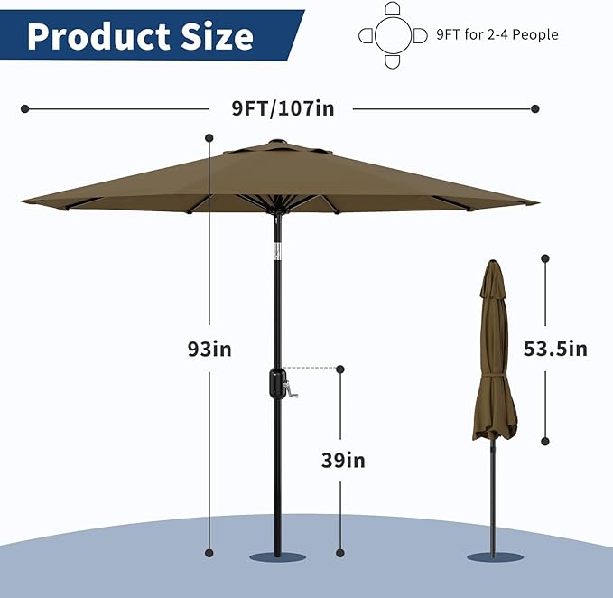 Garvee 9 ft Patio Umbrella - 8 Sturdy Ribs Outdoor Table Umbrella with Crank Lift & Push Button Tilt - Market Umbrella for Pool, Deck, Yard, Garden - Taupe