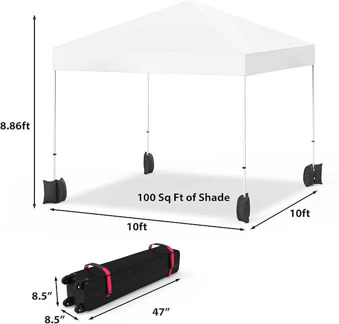 10x10 ft Pop Up Canopy Tent, 1-Person Setup Instant Shelter with Wheeled Bag & 4 Sandbags, Silver Coated Waterproof Sunproof Patio Canopy for Party Camping Outdoor Activities
