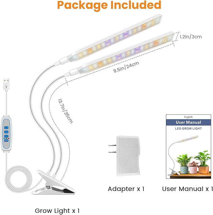 Kullinss White Grow Light, 2-Head Clip On Grow Lights for Indoor Plants with 6/12/16H Timer, 3 Color Modes, 5 Dimmable Levels, 114 LEDs Full Spectrum Plant Lights for Indoor Plants, Herbs, Seedlings