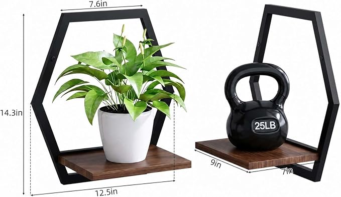 2 Pack Walnut Color Solid Wood & Metal Framework Wall Plant Stands,9 inch Natural Wood Shelf of Indoor,Mid Century Modern Hanging Planter for Outdoor Entryway 25 LB Load for Plants Black