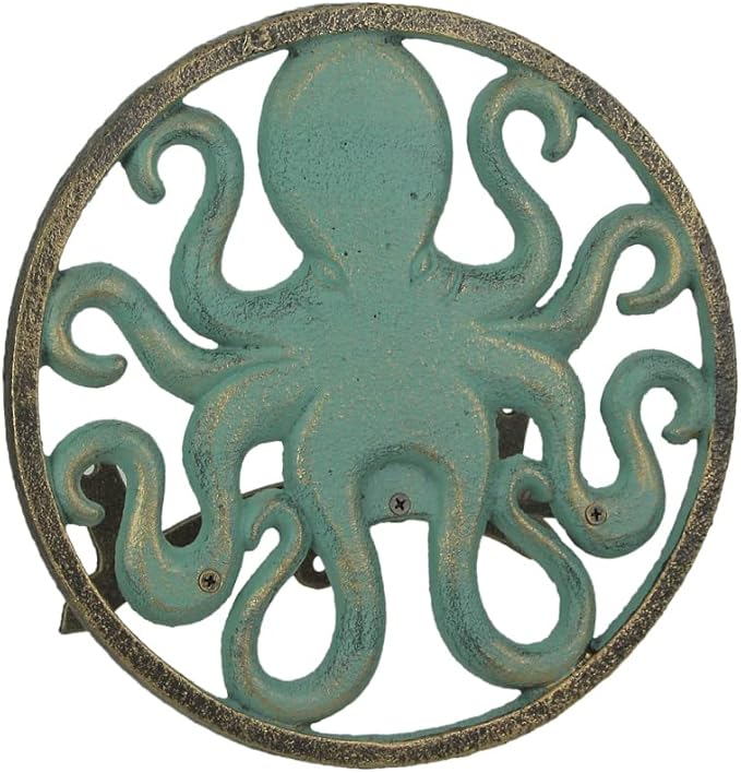 Zeckos Verdigris Octopus Garden Hose Hanger - Cast Iron Decorative Wall-Mounted Holder - 12-Inch Diameter - Stylish Outdoor Decor for 75–100 ft Capacity