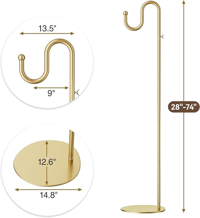 74" Shepherds Hook Stand, Adjustable Wind Chime Stand with Heavy Duty Base, Free Standing Plant Hanger Pole for Bird Feeders, Wreaths, Lanterns & Plants, Indoor Outdoor, Holds Up to 20 LBS, Gold